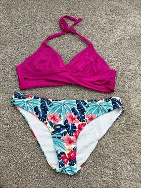 KONA SOL Women's Hot Pink Halter Bikini Top with SHEKINI Floral Bikini Bottoms